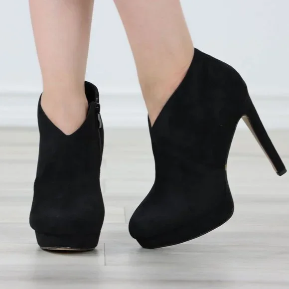 Black High Heel Platform Ankle Boots Stilettos Faux Suede - Picture 10 of 12